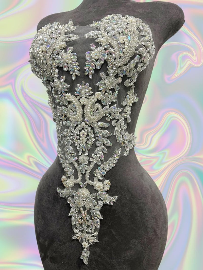 ArtistryXB Handmade Rhinestones Lace Bodice Applique Sew on Beads Sequins Trimming Patches for Dress Clothing Accessories 1Pcs/Bag (Clear AB) - Image 3